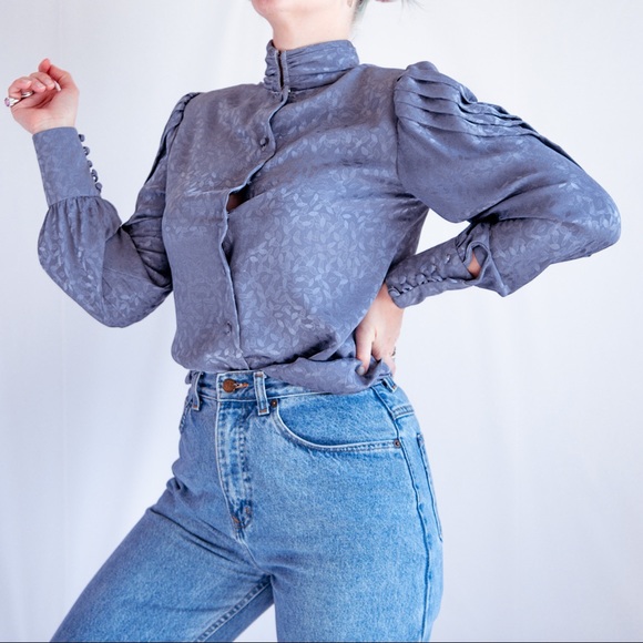 Vintage 70’s Gray Metallic High Neck Blouse XS - Picture 7 of 9